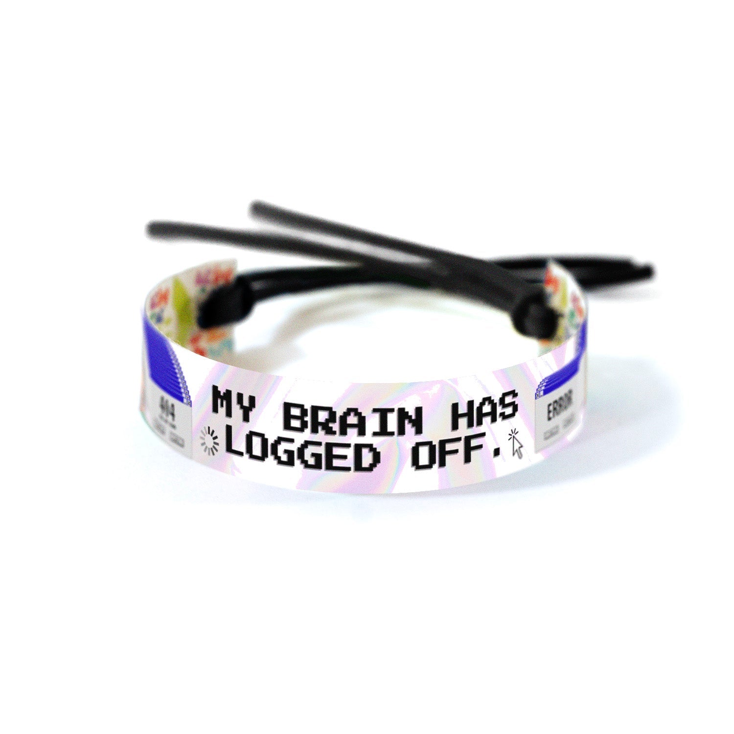 Retro-inspired design of the phrase 'My Brain Has Logged Off' in pixelated black text, surrounded by overlapping blue and gray error windows, set against a subtle holographic background portraying a humorous way of hitting mental capacity limit.