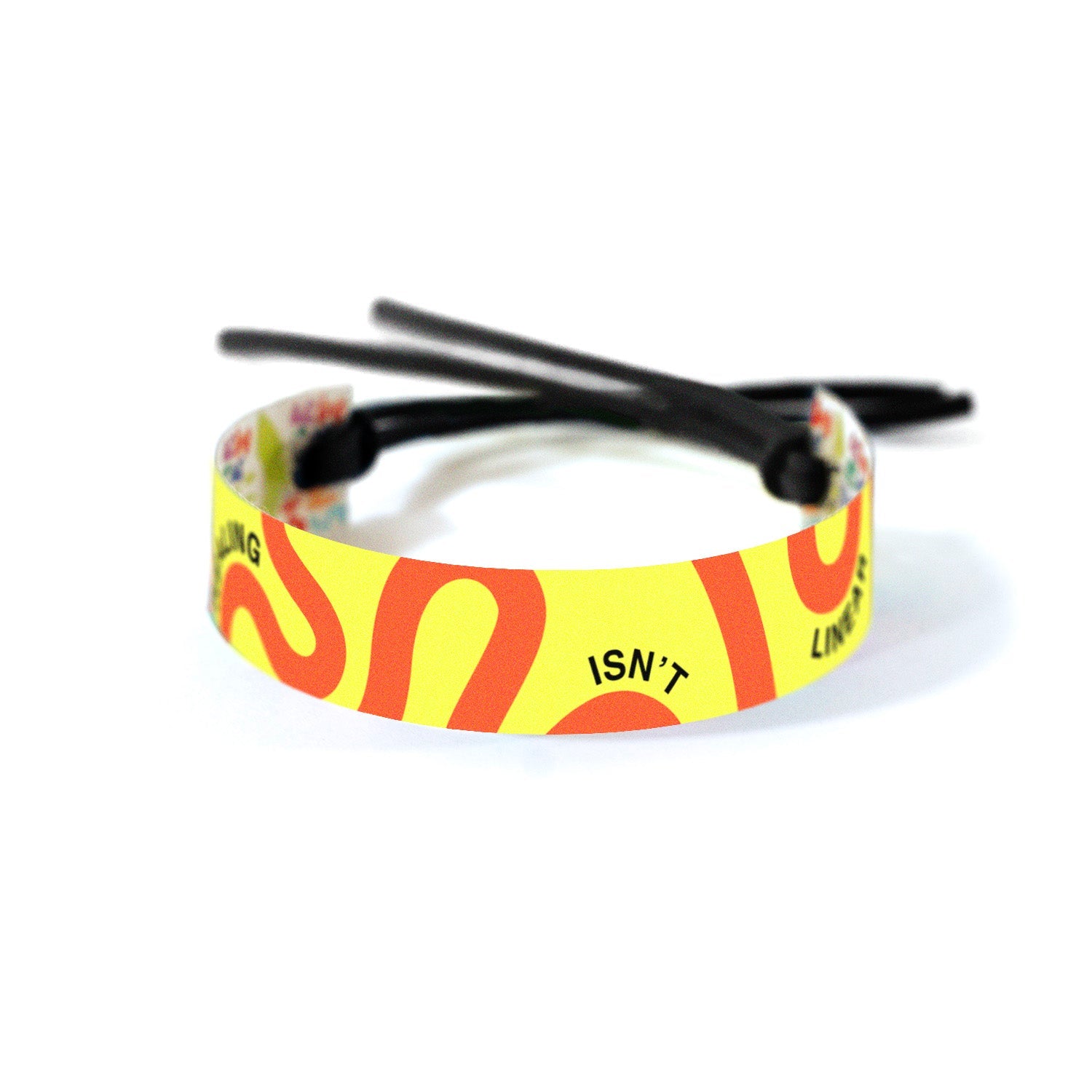 Curved black text that reads: 'Healing isn't linear.' on bright yellow background with bold, wavy orange lines which signifies the long, winding road of healing.