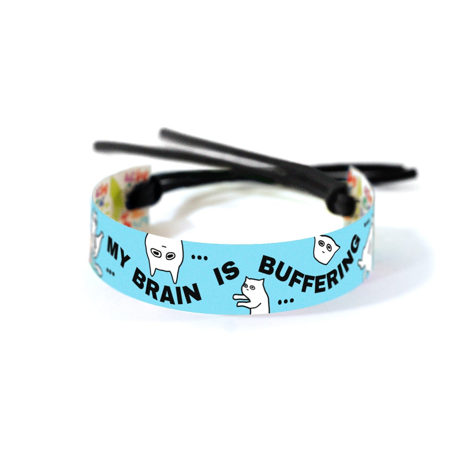 Bold black text reading 'MY BRAIN IS BUFFERING' arranged in a wavy pattern on a light blue background, surrounded by funny black-and-white cartoon cats in various awkward, confused, or floating positions, with scattered ellipses, enhancing the theme of mental lag.