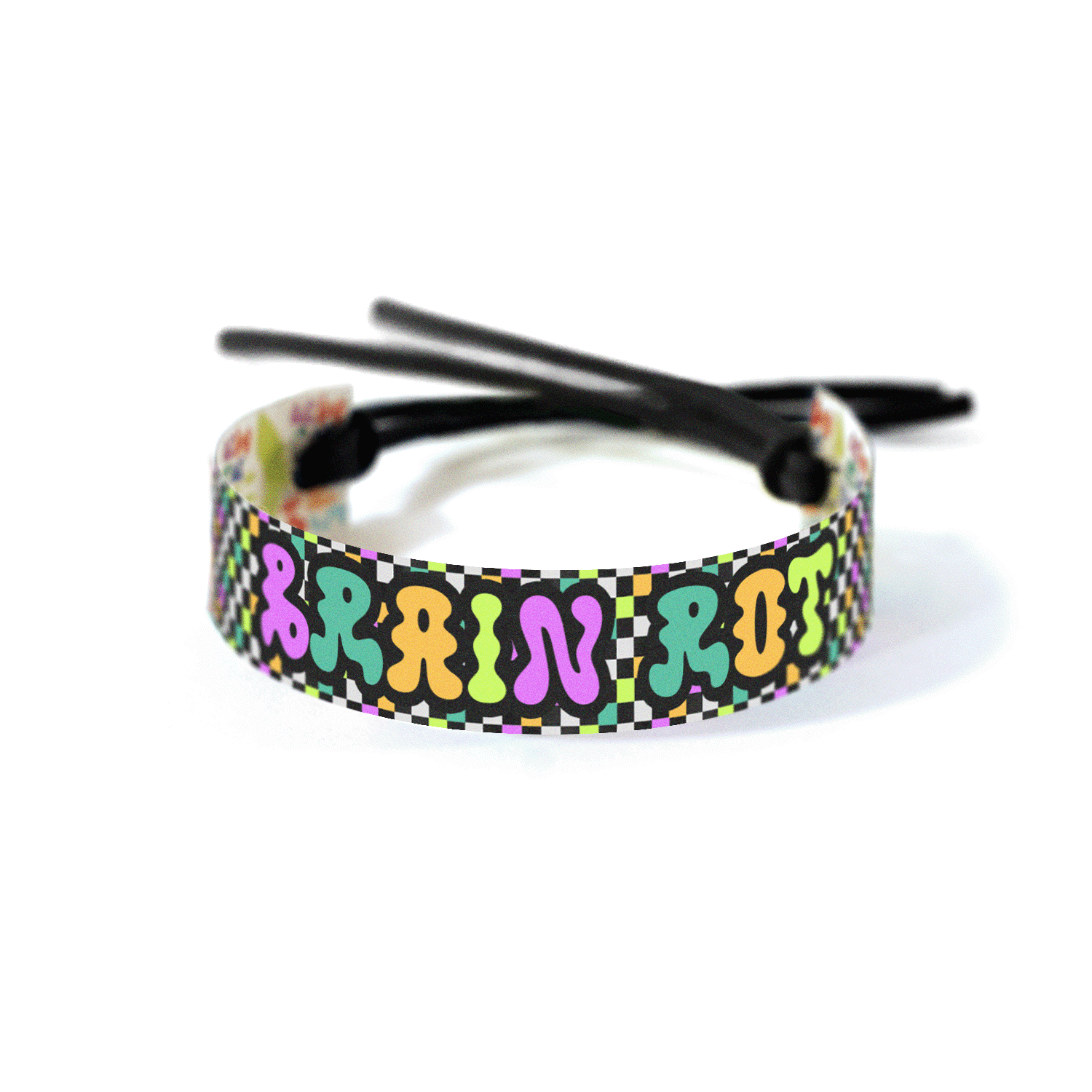 Multicolored checkered background with “Brain Rot” in bubbly text.