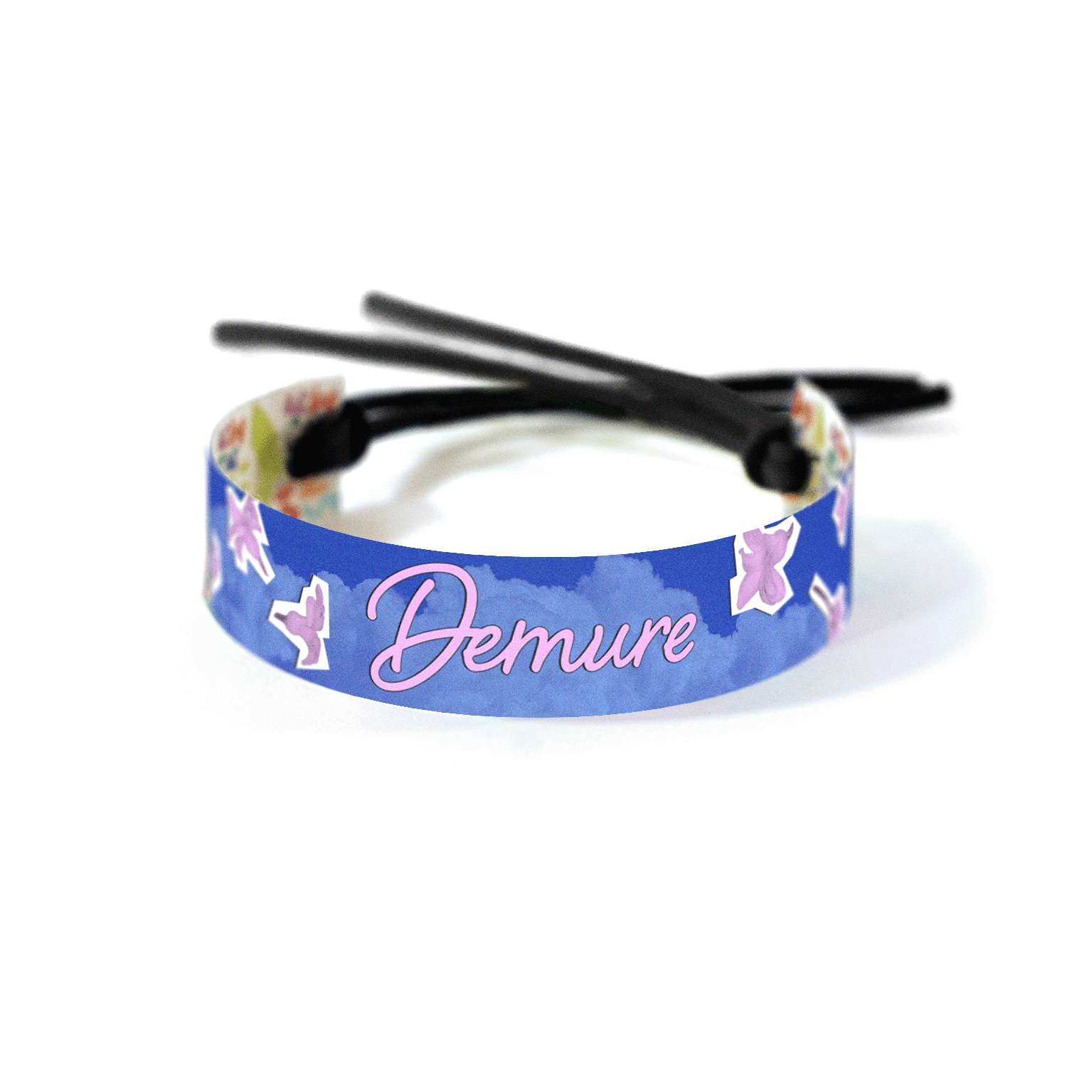 A dreamy pink floral collage over a blue sky with “Demure” in script.