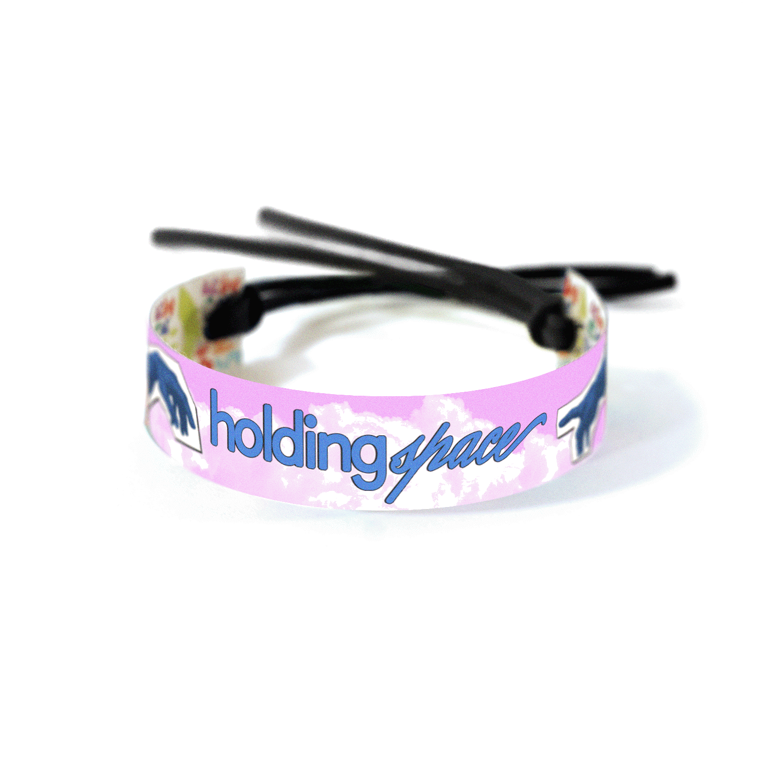 Two hands reaching toward each other on a pastel pink sky background with “Holding Space” text.