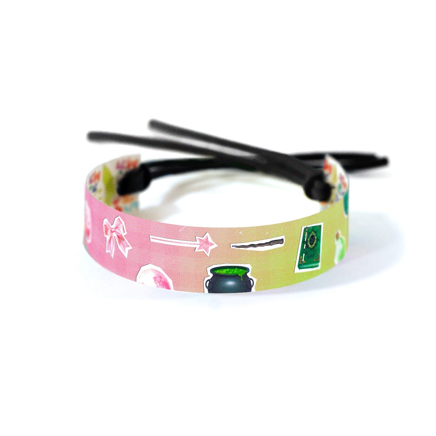 Band with a mix of pink and green collage imagery, showcasing elements representing two contrasting characters in an artistic, balanced design.