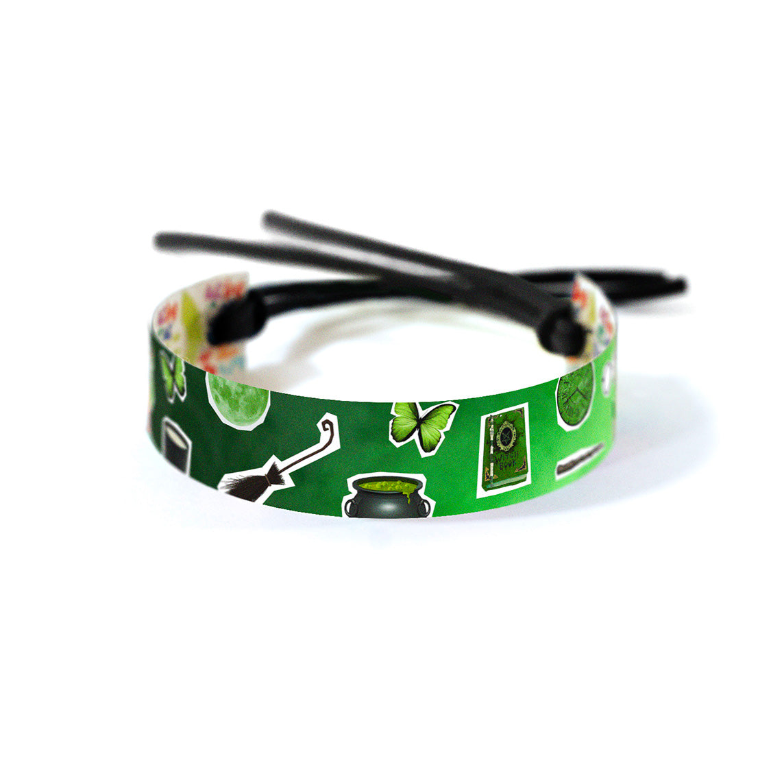 Green-toned band with swirling witch-inspired designs and mystical patterns in shades of emerald and forest green.